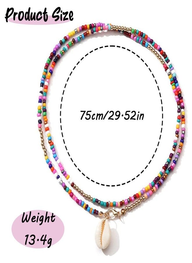 DreamAug Boho Beaded Choker Necklace with Cowrie Shell Pendant - Colorful Seed Bead Layered Beach Necklace for Women, Buckle - Image 2